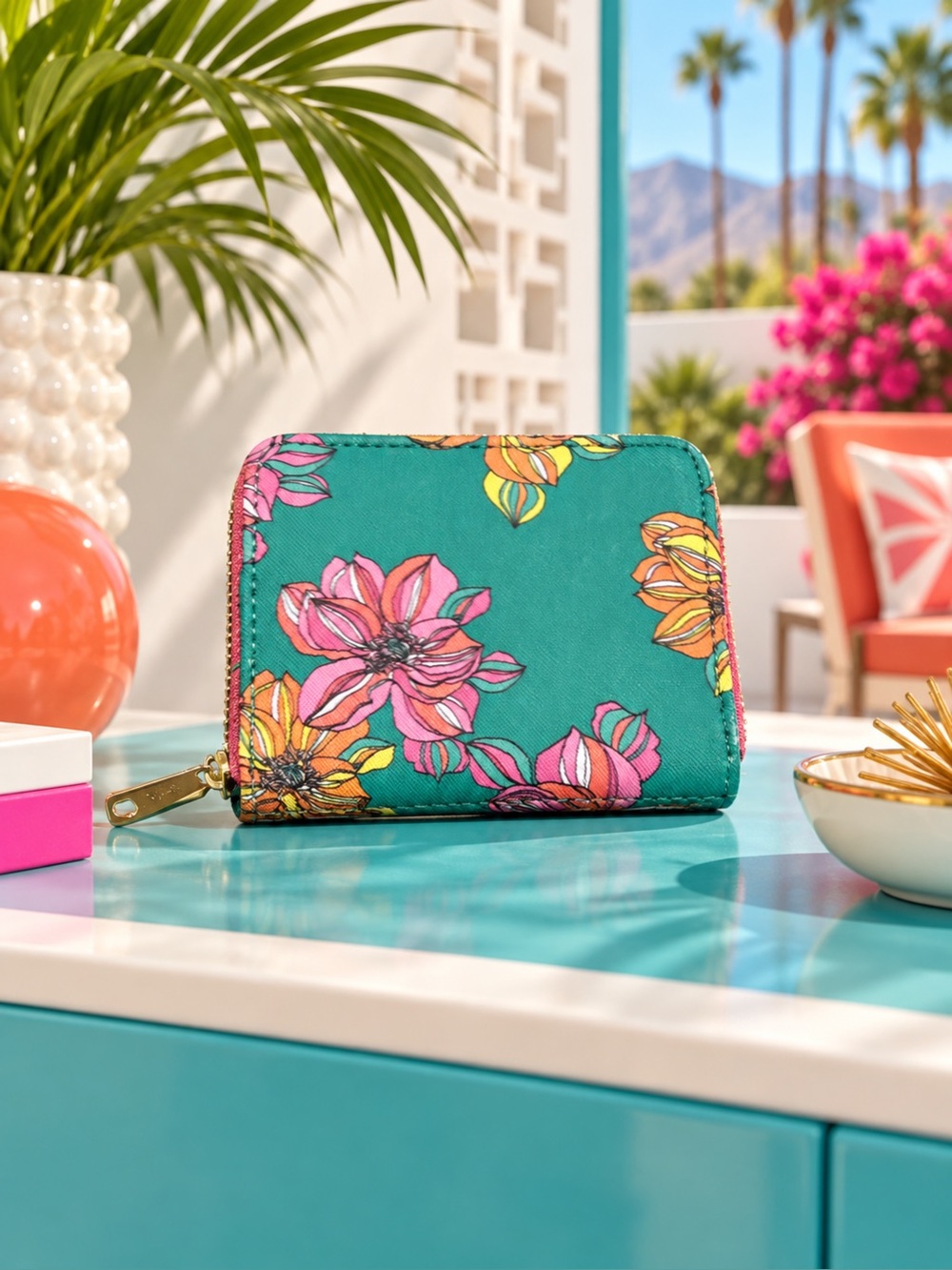 Trina Turk Teal Floral Zip Card Holder - Pink & Yellow Blooms,NIB